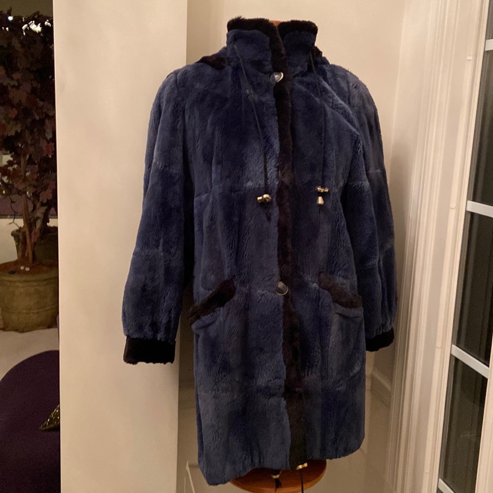 Zuki Fur Coat Royal Blue With Black Trim